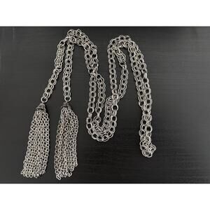 Vintage Silver Tone Necklace Long Chunky Chain Tassels
